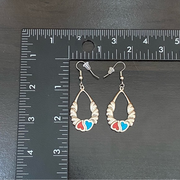 Vintage Signed Yin Yang Hearts Turquoise & Coral Inlay Silver Drop Earrings - Picture 5 of 11